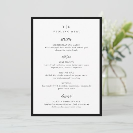 Elegant zwart-wit monogram modern bruiloft menu (Staand voorkant)