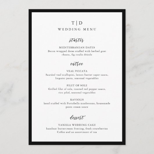 Elegant zwart-wit monogram modern bruiloft menu (Voorkant)