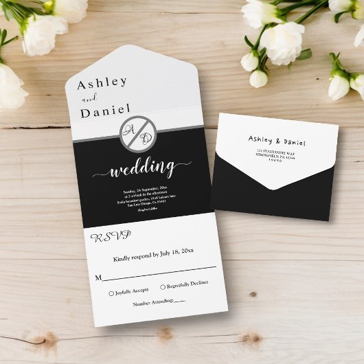 Elegant zwart-wit monogram moderne bruiloft all in one uitnodiging