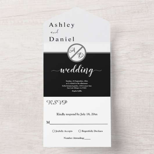 Elegant zwart-wit monogram moderne bruiloft all in one uitnodiging (Binnen)