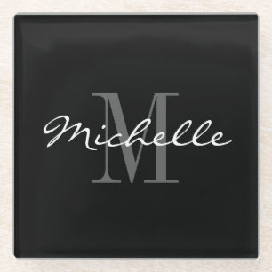 Elegant zwart-wit monogram op maat glazen onderzetter