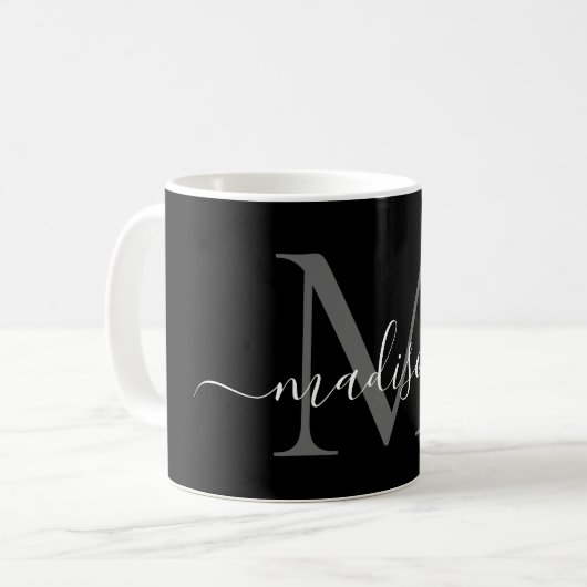 Elegant zwart wit monogram script Stijlvol zwart Koffiemok (Voorkant links)