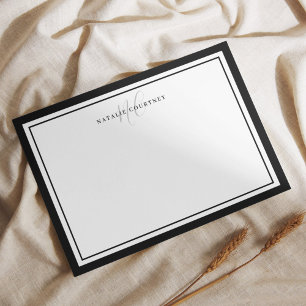 Elegant zwart-wit monogram script twee rand notitiekaartje