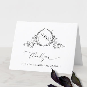 Elegant zwart-wit monogram trouwfeest bedankkaart