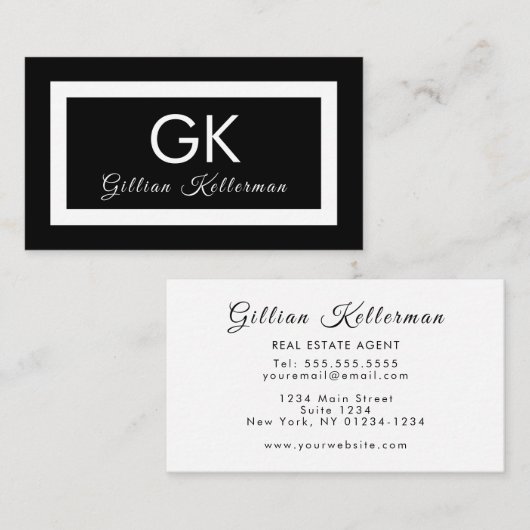 Elegant zwart-wit monogram visitekaartje (Voorkant / Achterkant)