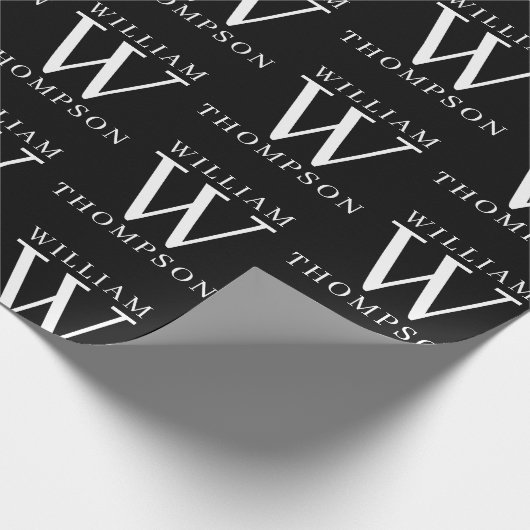 Elegant Zwart & Wit Monogrammed Naam Initiaal Cadeaupapier (Hoek)