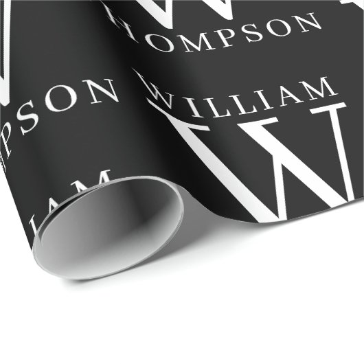 Elegant Zwart & Wit Monogrammed Naam Initiaal Cadeaupapier (Rol Hoek)