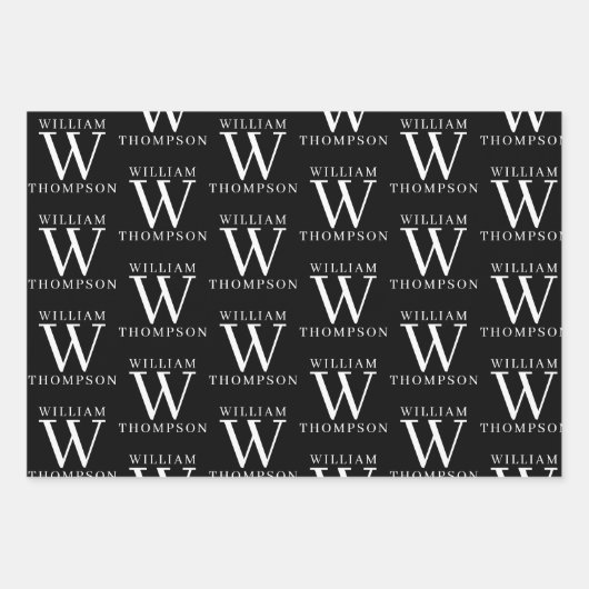Elegant Zwart & Wit Monogrammed Naam Initiaal Inpakpapier Vel (Voorkant)