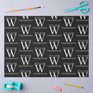 Elegant Zwart & Wit Monogrammed Naam Initiaal Tissuepapier