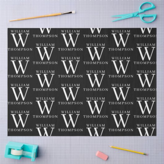 Elegant Zwart & Wit Monogrammed Naam Initiaal Tissuepapier (Craft)