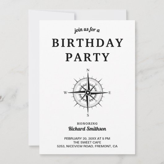 Elegant Zwart-Wit Nautisch Kompas Verjaardag Kaart (Voorkant)
