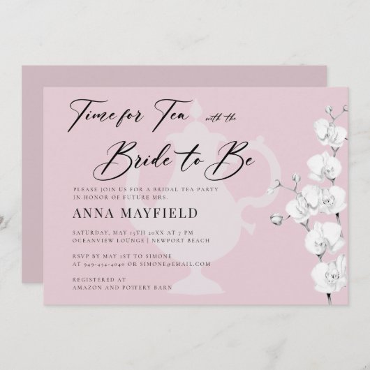 Elegant Zwart Wit Orchideeën Tijd voor Theebruids Kaart (Voorkant / Achterkant)