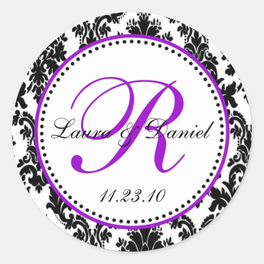 Elegant Zwart Wit Paarse Damask Bruiloft Ronde Sticker (Voorkant)