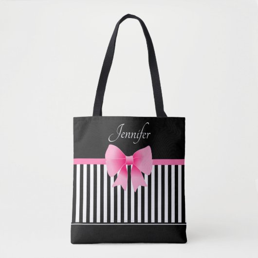 Elegant zwart-wit patroon roze boog tote bag (Voorkant)