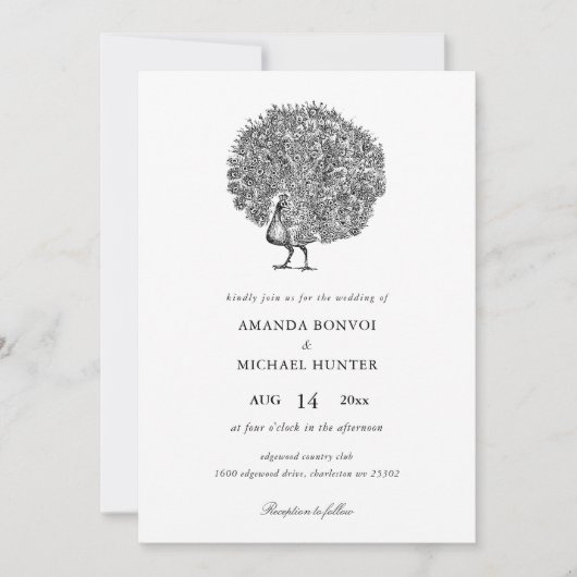 Elegant Zwart Wit  Peacock Invitation Kaart (Voorkant)