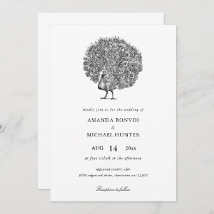 Elegant Zwart Wit  Peacock Invitation Kaart