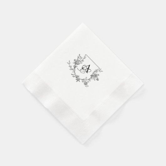 Elegant zwart-wit pioen monogram servet (Hoek)