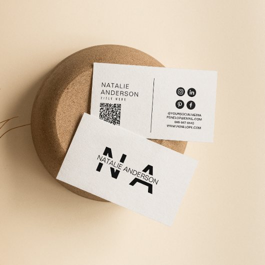 Elegant Zwart & Wit QR Code Modern Monogram Logo Visitekaartje