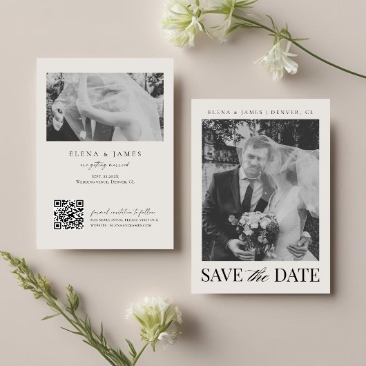 Elegant Zwart & Wit Qr-code Monogram Trouwfeest Save The Date