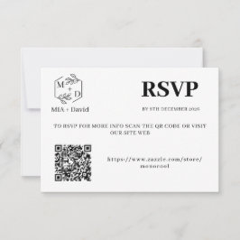 Elegant zwart-wit QR-code trouwmonogram RSVP Kaartje