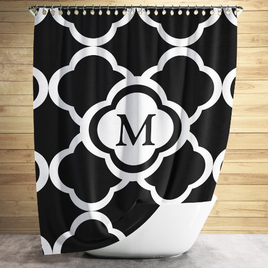 Elegant zwart-wit quatrefoil monogram douchegordijn
