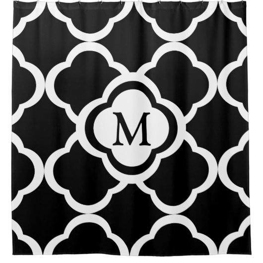 Elegant zwart-wit quatrefoil monogram douchegordijn (Voorkant)