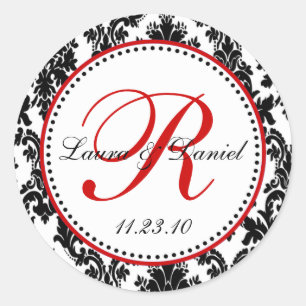 Elegant Zwart Wit Rood Damast Bruiloft Ronde Sticker
