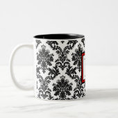 Elegant zwart wit rood damast monogram tweekleurige koffiemok (Links)