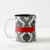 Elegant zwart wit rood damast monogram tweekleurige koffiemok (Links)