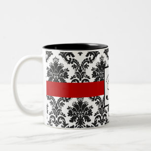 Elegant zwart wit rood damast monogram tweekleurige koffiemok