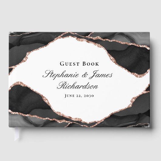 Elegant Zwart Wit Roos Gouden Folie Agaat Bruiloft Gastenboek (Voorkant)