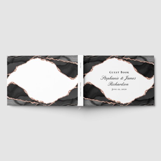 Elegant Zwart Wit Roos Gouden Folie Agaat Bruiloft Gastenboek (Volledig)