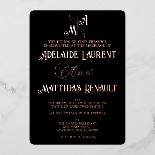 Elegant Zwart & Wit Rose Goud Gestreepte Bruiloft Folie Uitnodiging (Voorkant)