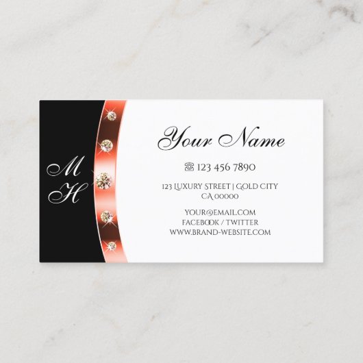 Elegant zwart-wit roségoud met monogram visitekaartje (Achterkant)