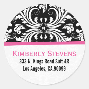 Elegant Zwart Wit & Roze Bloemen Damasks Ronde Sticker