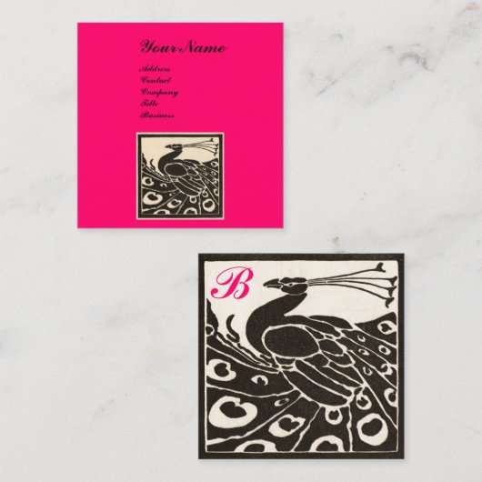 ELEGANT ZWART WIT ROZE PAUW MONOGRAM VIERKANTE VISITEKAARTJE (Voorkant / Achterkant)