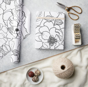Elegant Zwart Wit Rozen Line art Floral Cadeaupapier