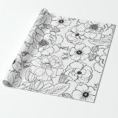 Elegant Zwart Wit Rozen Line art Floral Cadeaupapier (Uitgerold)