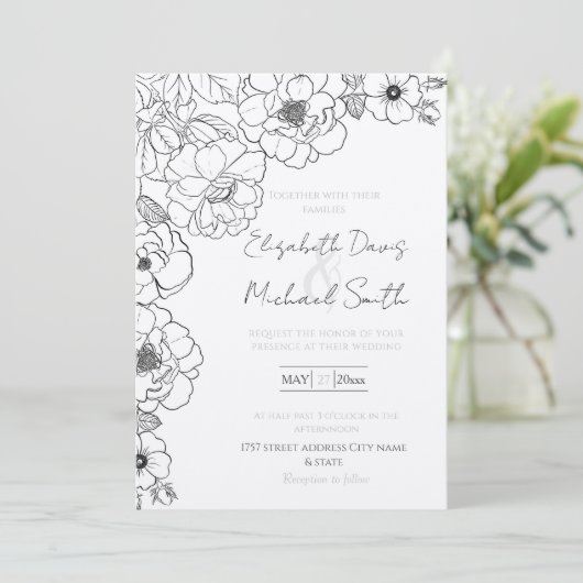 Elegant Zwart Wit Rozen Line art Floral Kaart (Staand voorkant)