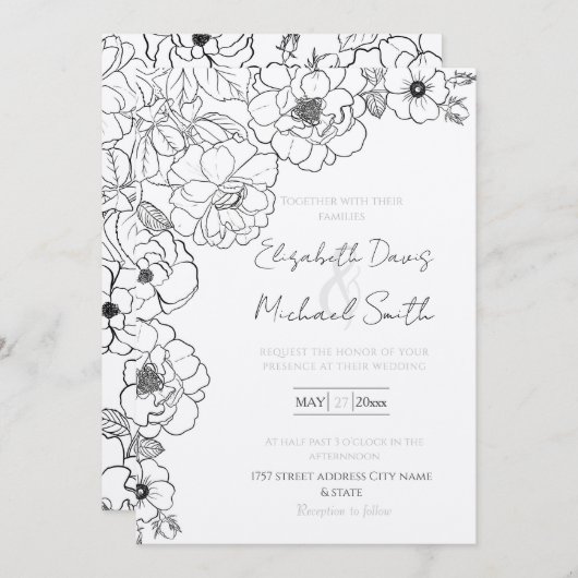 Elegant Zwart Wit Rozen Line art Floral Kaart (Voorkant / Achterkant)