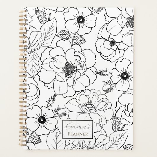 Elegant Zwart Wit Rozen Line art Floral Planner (Voorkant)