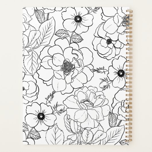 Elegant Zwart Wit Rozen Line art Floral Planner (Achterkant)
