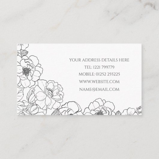 Elegant Zwart Wit Rozen Line art Floral Visitekaartje (Achterkant)