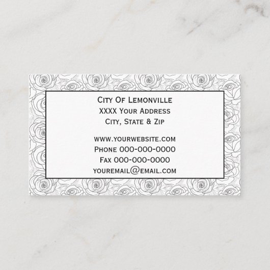 Elegant zwart-wit rozenontwerp visitekaartje (Achterkant)