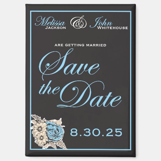 Elegant Zwart & Wit Save the Date blauwe accenten Magneet (Voorkant)