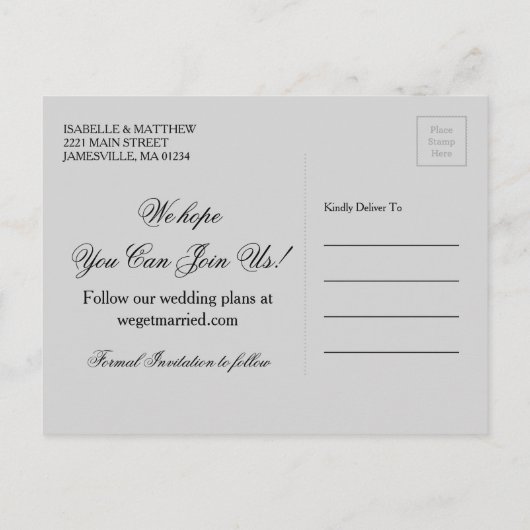 Elegant zwart-wit Save the Date Briefkaart (Achterkant)