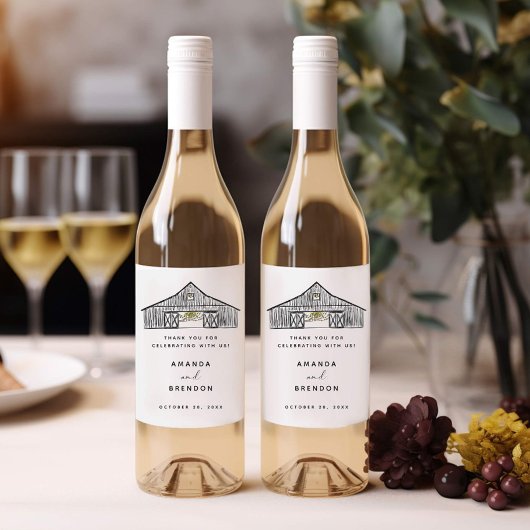 Elegant Zwart-wit Schuur Bruiloft Wijn Label Etiket