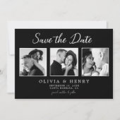 Elegant Zwart & Wit Script 3 foto bruiloft Save The Date (Voorkant)