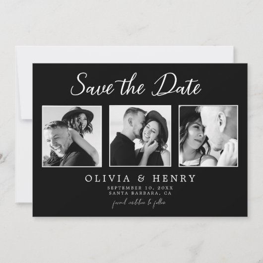 Elegant Zwart & Wit Script 3 foto bruiloft Save The Date (Voorkant)