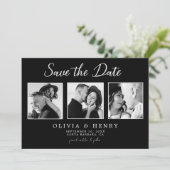 Elegant Zwart & Wit Script 3 foto bruiloft Save The Date (Staand voorkant)